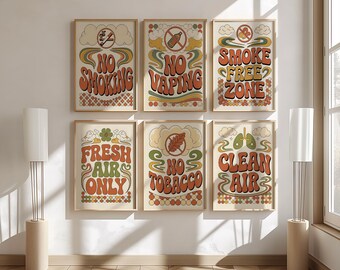No Smoking No Vaping Typography Set of 6, Smoke Free Zone Fresh Air Only Wall Art, Groovy 70s Retro Prints, Clean Air Decor Signs