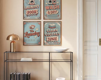 Laundry Room Wash and Dry The Laundry Clean Clothes Zone Signs Set of 4 Vintage Retro Style Printable Wall Art Home Decor Print