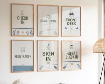 Check In Signs Set of 6, Scandinavian Nordic Medical Office Wall Art, Reception Front Desk Registration Patient Sign In Typography