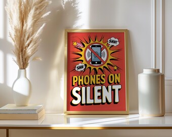 Phones On Silent Pop Art Bold Library Sign Print, Colorful Typography Wall Art Decor, Office Study Room Quiet Zone Poster Gift Idea