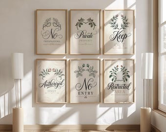 No Trespassing Wall Art Set of 6, Elegant Script Private Property Signs, Keep Out Authorized Only Typography, Restricted Area Prints