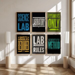 Science Lab Wall Art Set of 6, Bold Typography Laboratory Signs, Safety Goggles Required Lab Rules Prints, Scientific Method Experiments