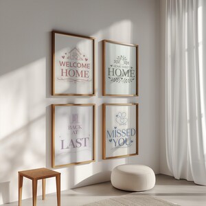 Väggdekorationer med "Välkommen hem"-motiv, set om 4, "Home Sweet Home Back at Last Missed You"-skyltar, mjukt pastellfärgat typografitryck, presentidé för hemkomstdekorationer