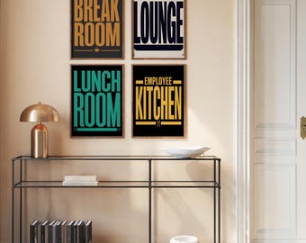 Break Room Staff Lounge Lunch Room Employee Kitchen Signs Set of 4 Bold Typography Printable Wall Art Workplace Decor Office Print