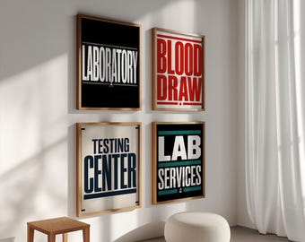 Laboratory Blood Draw Testing Center Sign Set of 4, Bold Typography Prints, Lab Services Wall Art Medical Office Hospital Clinic Decor