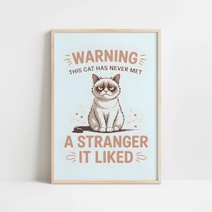 Warning This Cat Has Never Met A Stranger It Liked Sign Print, Funny Antisocial Cat Wall Art, Cat Dad Gift, Grumpy Cat Home Decor