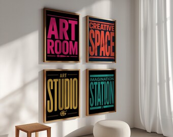 Art Room Wall Art Set of 4, Creative Space Art Studio Imagination Station Signs, Bold Typography Print, Artist Classroom Decor Gift
