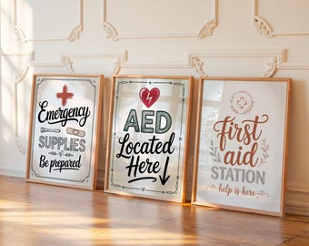 First Aid Station AED Located Here Emergency Supplies Set of 3 Prints, Hand Lettered Safety Signs for Office Workplace Decor