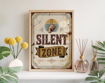 Silent Zone Vintage Retro Library Sign Print, Quiet Area Typography Wall Art Decor, Study Room Office Reading Space Poster Gift Idea