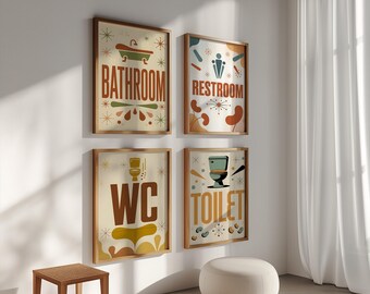 Bathroom Signs Wall Art Set of 4, Mid-Century Modern Restroom Typography Prints, WC Toilet Sign, Retro Lavatory Home and Office Decor
