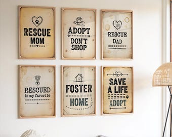 Rescue Mom Sign Set of 6 Typewriter Vintage Typography Prints Adopt Don't Shop Wall Art Foster Home Decor Rescued Is My Favorite Poster