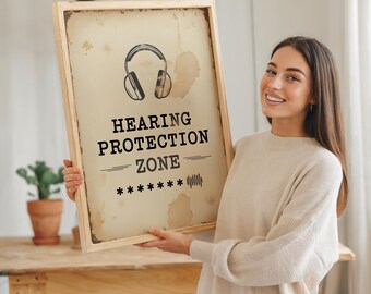 Hearing Protection Zone Sign, Typewriter Vintage Industrial Decor, Retro Safety Wall Art Poster, Workshop Typography Printable