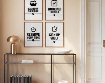 Laundry Schedule Sign Up Sheet Set of 4, Black White Typography Print, Reserve Your Time Booking Required Laundry Room Wall Decor