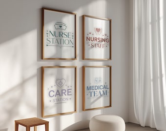 Nurse Station Nursing Staff Sign Set of 4, Soft Pastel Typography Prints, Care Station Medical Team Wall Art Hospital Clinic Decor
