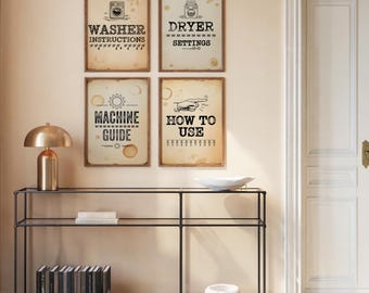 Washer Instructions Dryer Settings Machine Guide How to Use Signs Set of 4 Typewriter Vintage Style Printable Wall Art Decor