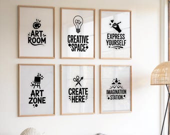 Art Room Wall Art Set of 6, Black and White Creative Space Signs, Express Yourself Typography Prints, Imagination Station Art Zone Decor