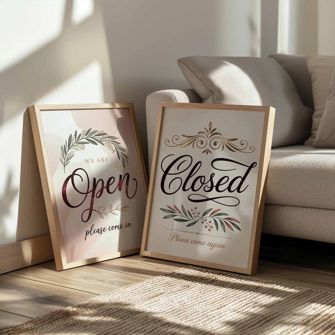 Storefront With Script Open Closed Sign Set of 2 Wall Art Prints, Elegant Script Typography ...