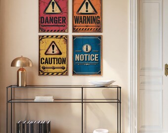 Danger Warning Caution Notice Sign Set of 4, Vintage Retro Typography Prints, Industrial Safety Wall Art Home Garage Office Decor