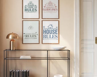 Laundry Room Rules Community Guidelines Set of 4, Soft Pastel Sign Prints, Shared Space House Rules Wall Art Apartment Home Decor