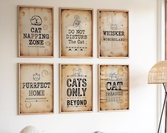 Cat Napping Zone Sign Set of 6 Typewriter Vintage Typography Prints Do Not Disturb Cat Wall Art Whisker Wonderland Purrfect Home Decor