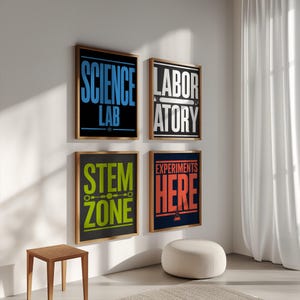 May include: Four framed wall art pieces with science-themed text. The text includes "SCIENCE LAB", "LABORATORY", "STEM ZONE", and "EXPERIMENTS HERE". Each framed piece has a black background with colorful text and a wooden frame.