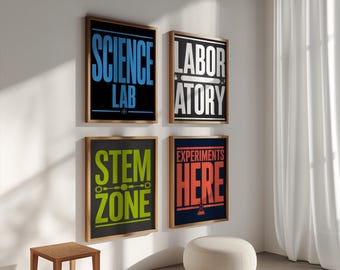 Science Lab Wall Art Set of 4, Laboratory STEM Zone Experiments Here Signs, Bold Typography Print, School Classroom Teacher Gift Decor