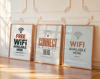 WiFi Password Connect Here Free WiFi Set of 3 Wall Art Prints, Scandinavian Nordic Style Signs for Home Office Cafe Business