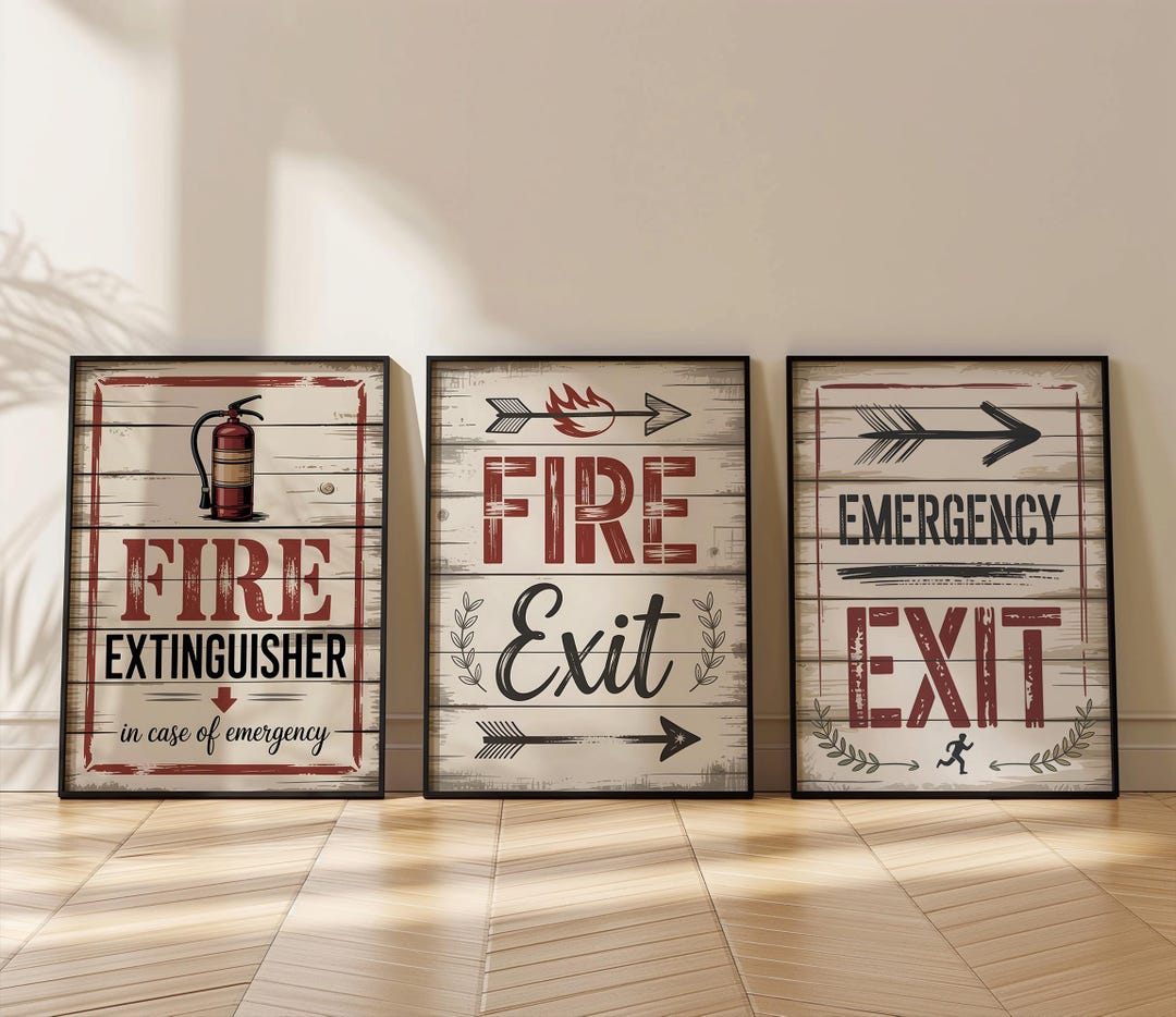 Fire Extinguisher Fire Exit Emergency Exit Sign Set of 3 Wall Art ...