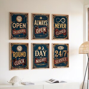 Open 24 Hours Sign Set of 6 Vintage Retro Typography Prints Always Open Wall Art Never Closed Round the Clock Day and Night Shop Decor