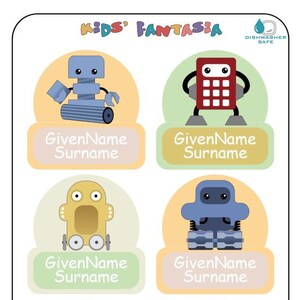 School STICK ON Name Labels – ROBOT – Waterproof, Dishwasher Safe (18 Labels/3 Pages)