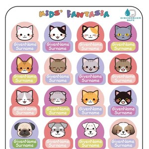School STICK On Name Labels – CAT & DOG 1  – Waterproof, Dishwasher Safe (72 Labels/3 Pages)