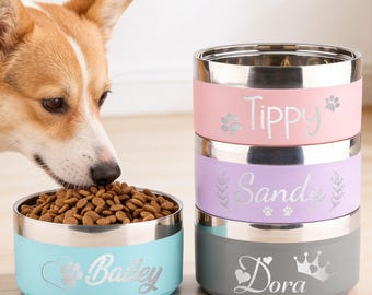 Cuencos de acero inoxidable grabados con nombre para perros y gatos. Cuencos de comida y agua con aislamiento personalizado. Cuencos pequeños y grandes para mascotas. Regalos únicos.