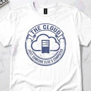 May include: White t-shirt with a blue graphic that reads "THE CLOUD JUST SOMEONE ELSE'S COMPUTER." The design features a cloud and a server icon. The shirt is a crew neck and appears to be made of cotton.