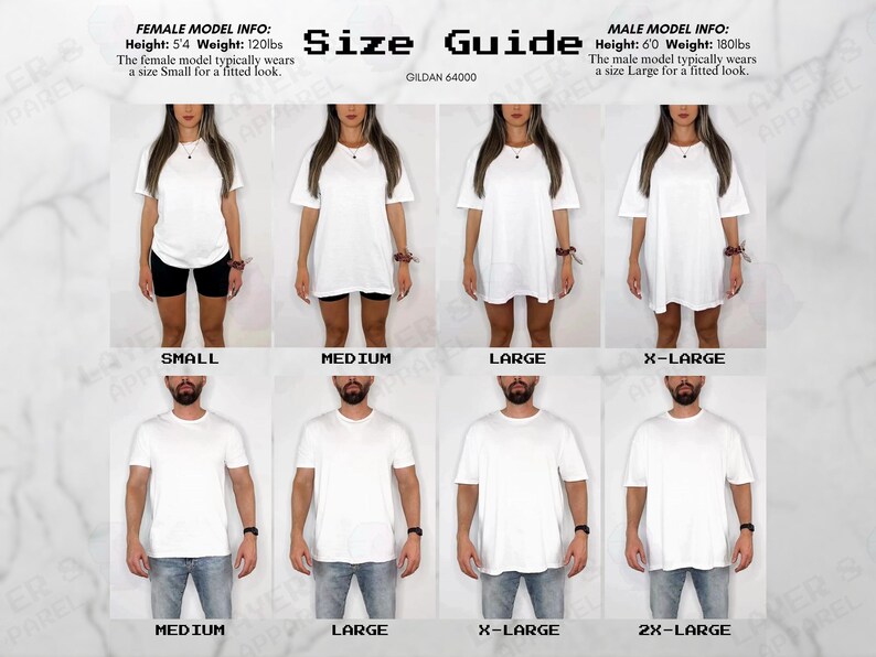 Op de afbeelding: Afbeelding van een maattabel met modellen in witte t-shirts, vari&euml;rend van Small tot 2X-Large. De gids bevat informatie over vrouwelijke en mannelijke modellen, inclusief lengte- en gewichtsdetails. De tekst "GILDAN 64000" is ook zichtbaar.