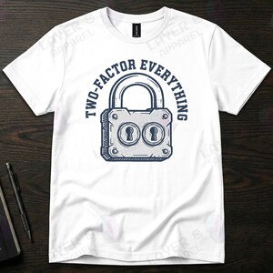 May include: White t-shirt with a graphic of a padlock and the text "TWO-FACTOR EVERYTHING" in navy blue. The padlock design has two keyholes. The shirt is made of a soft material.