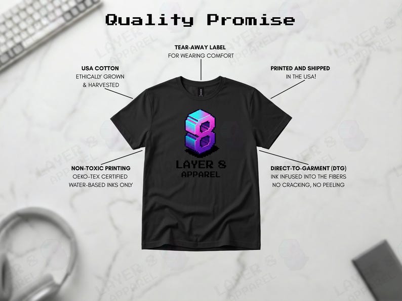 May include: Black t-shirt featuring a pixelated number 8 in blue and purple, with the text "LAYER 8 APPAREL". The shirt is made with USA cotton and non-toxic printing. The image also includes text about the quality of the shirt.
