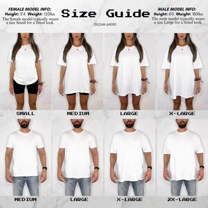 May include: Size guide featuring models in white t-shirts, showcasing different sizes from Small to 2X-Large. The guide includes female and male model information, with height and weight details. The text "GILDAN 64000" is also visible.