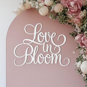 May include: White cursive lettering spelling "Love in Bloom" is mounted on a pink arch. The arch is decorated with pink and white flowers and greenery, creating a romantic and floral theme.