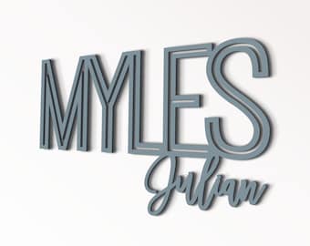 Nursery name sign for boy, First and middle name kids room wall or backdrop decor, Custom wooden cutout baby names, Lettering above the crib