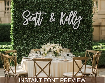 Personalized Large Engagement names sign for boxwood greenery backdrop decoration at reception party, Wooden custom couple names wall decor