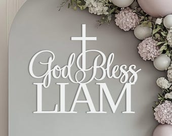God Bless sign for Baptism backdrop wall decorations, Wooden Christening banner for Baby Boy or Girl party centerpiece, Photo booth decor