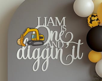 One and digging it sign for 1st birthday backdrop wall decorations, Wooden construction themed first birthday banner with excavator picture