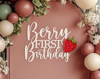 Berry First Birthday sign with red strawberry for 1st Birthday party backdrop wall decoration, Wooden photo booth banner for Sweet one theme