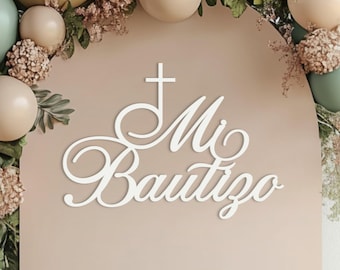 Mi bautizo sign for baptism backdrop wall decorations, wooden spanish christening photo booth centerpiece with cross picture, wood lettering