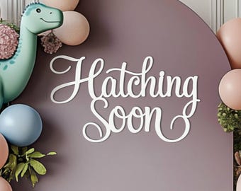 Hatching Soon Sign for Baby Shower backdrop wall decorations, Wooden dinosaur theme banner decor for dino party photo booth centerpiece prop