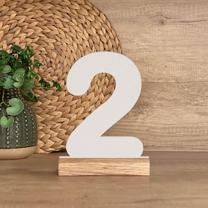 May include: A white number 2, standing on a wooden base. The number has a textured surface and is set against a backdrop of a woven wicker placemat and wooden paneling. A decorative vase with greenery is visible on the left.