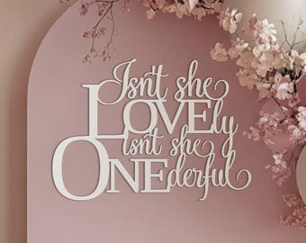 Isnt she lovely isnt she onederful sign for 1st birthday backdrop decorations, First birthday wooden banner for little girl onederful party
