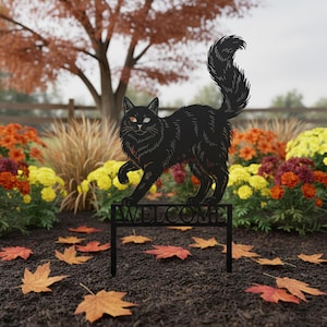Metal Long-Haired Cat Welcome Stake – Fluffy Feline Silhouette Yard Art – Personalized Pet Lover Garden Decor