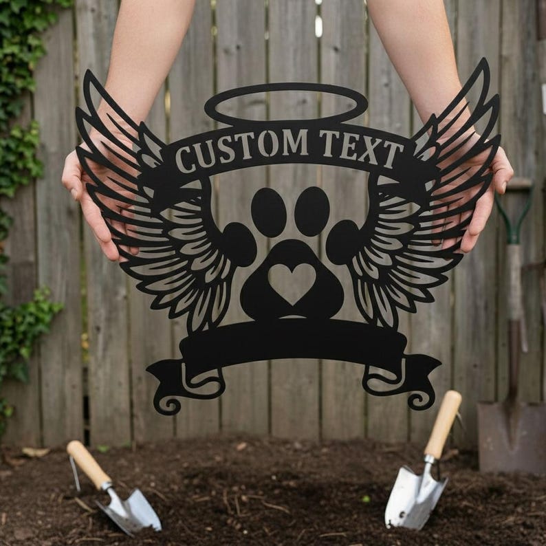 Pet Memorial Angel Wings Metal Wall Art, Custom Dog Cat Name Sign, Paw ...