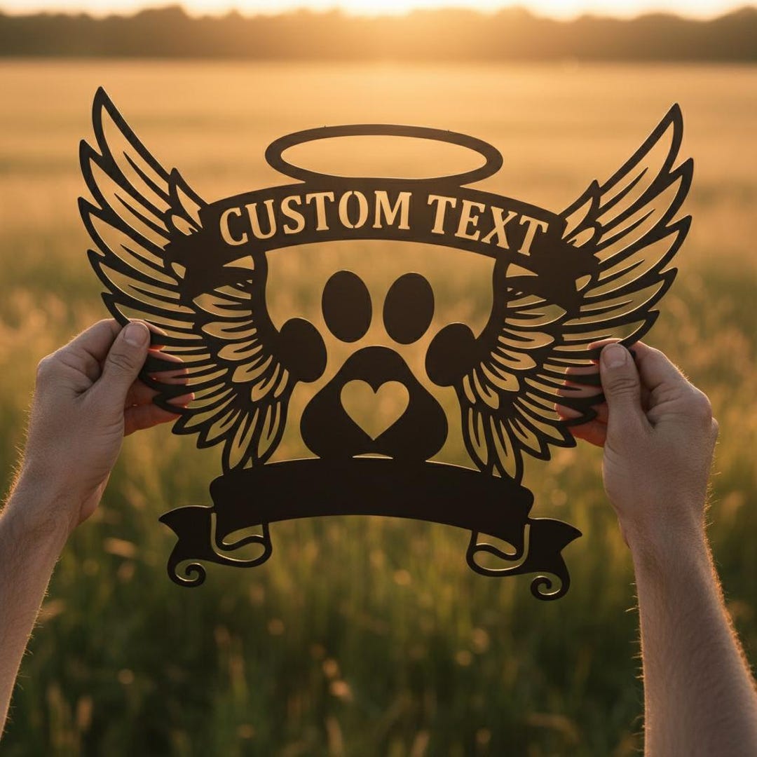 Pet Memorial Angel Wings Metal Wall Art, Custom Dog Cat Name Sign, Paw ...